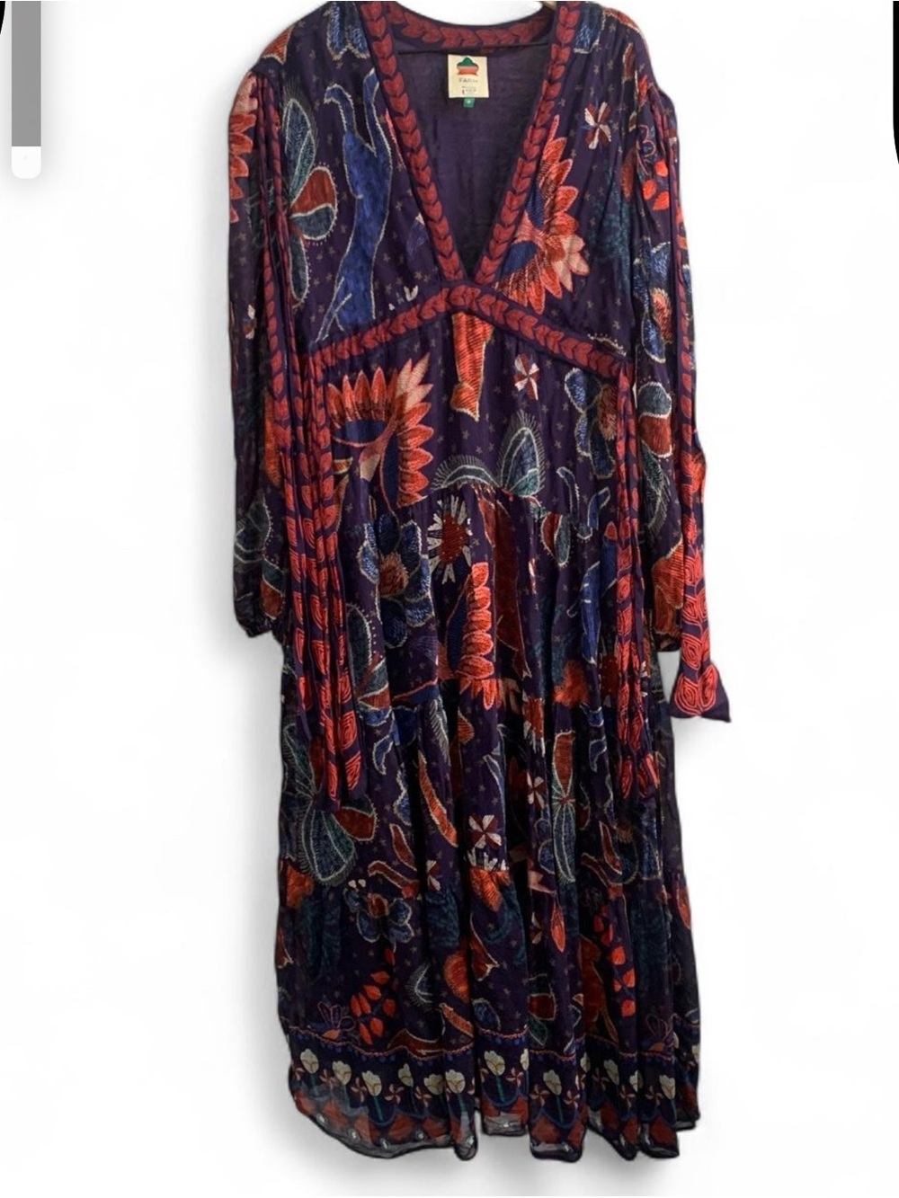 Farm Rio Tropical Shine Maxi Dress Blue & Red Print long Sleeve Boho Size Medium - Picture 4 of 8